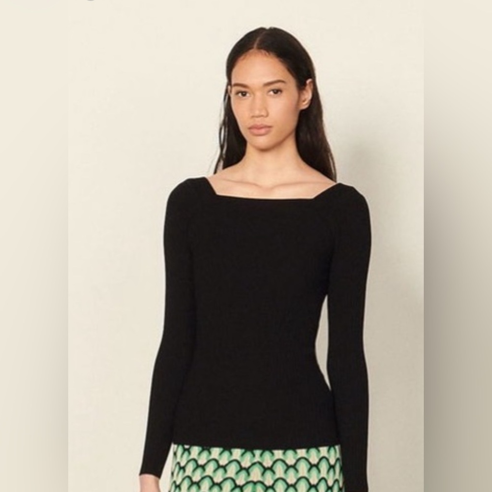 Sandro Paris Bare Back Ribbed Silk Sweater – Square Neck Open Back Top Black
